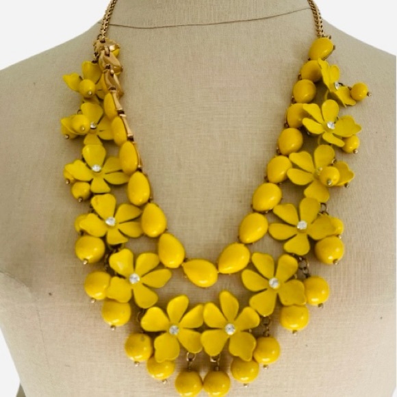 Vintage Yellow Lucite Floral Necklace Rhinestone Beads Retro Jewelry - Picture 3 of 8